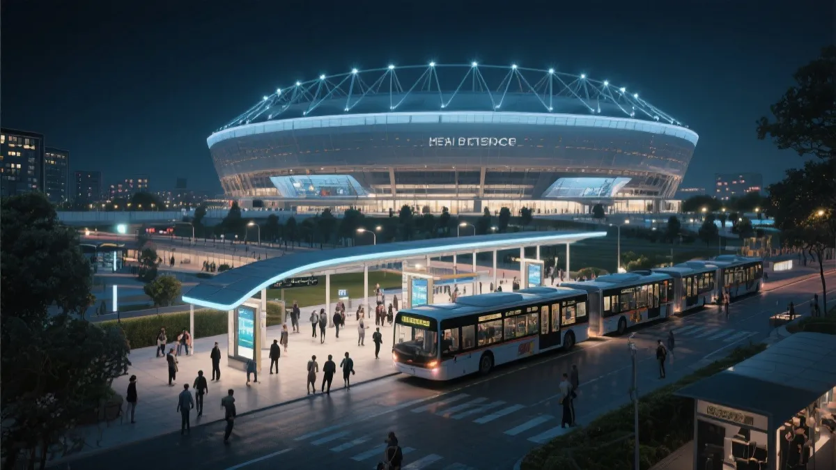 智能场馆与公共交通换乘枢纽的夜景示意图