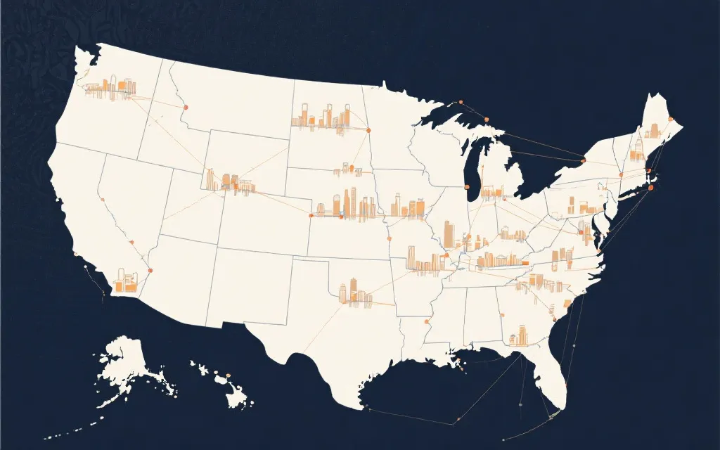 北美地图与多座城市节点的线路示意，表现跨国协同与资源整合