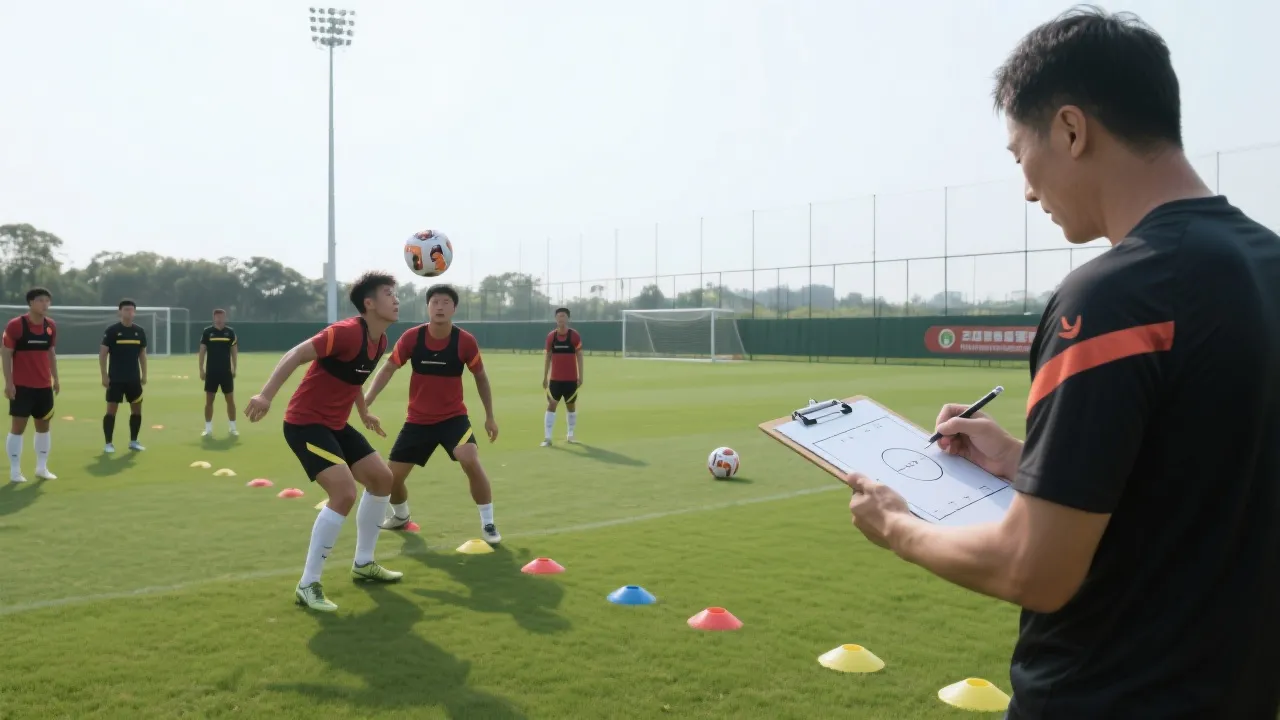 训练场角球专项：标志盘划落点区域，中卫与前锋进行对抗争顶，教练记录数据